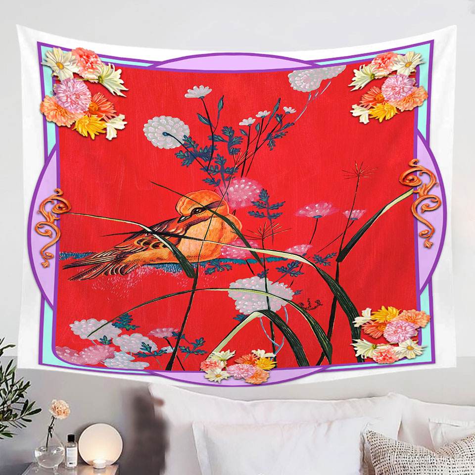 Asian-Art-Painting-Bird-on-Red-Tapestry-Wall-Decor