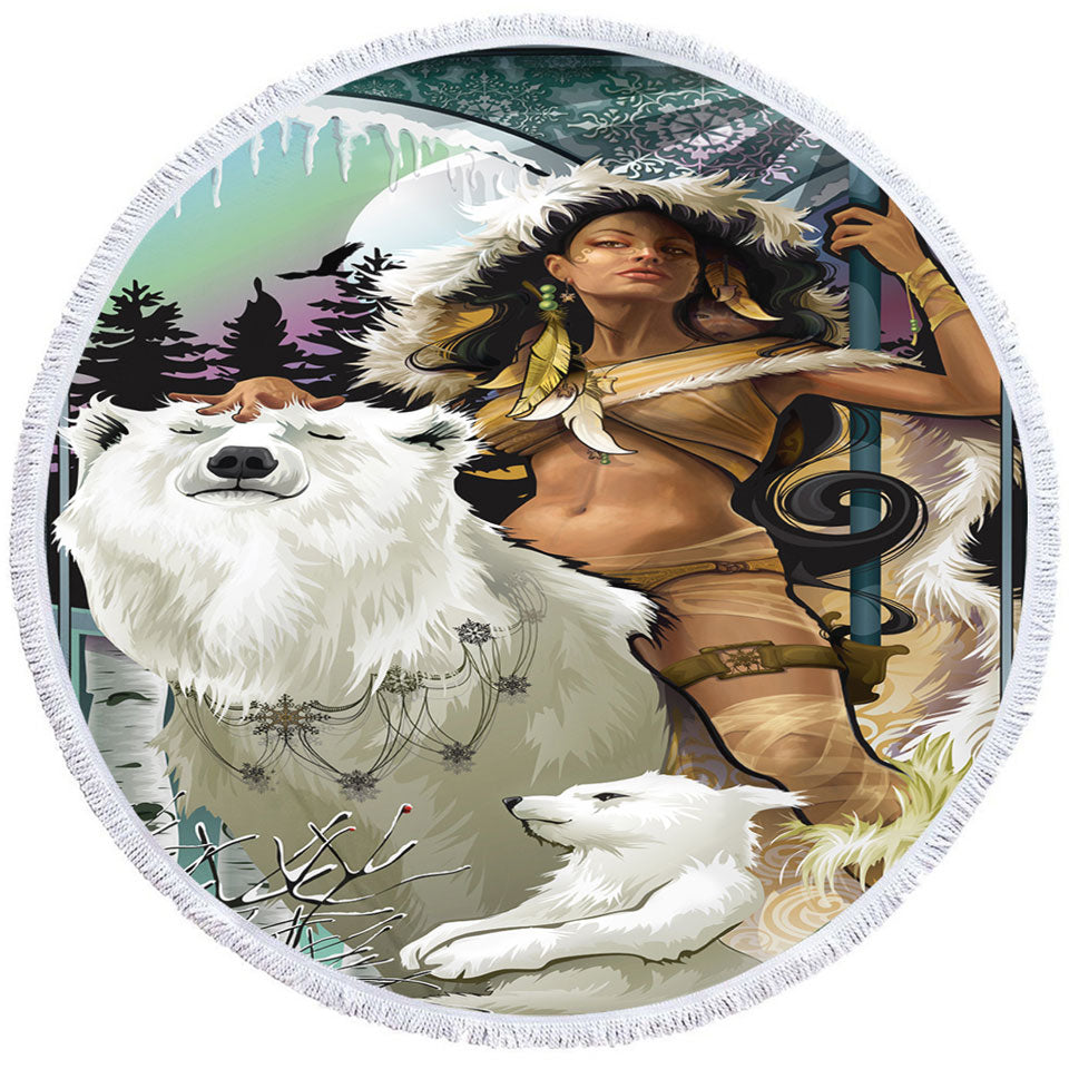 Attractive Hunter Lady with Her Bears Circle Beach Towel