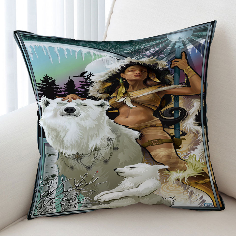 Attractive Hunter Lady with Her Bears Cushion