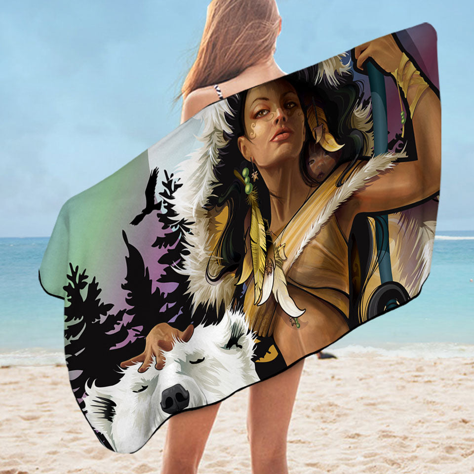Attractive Hunter Lady with Her Bears Microfiber Beach Towel