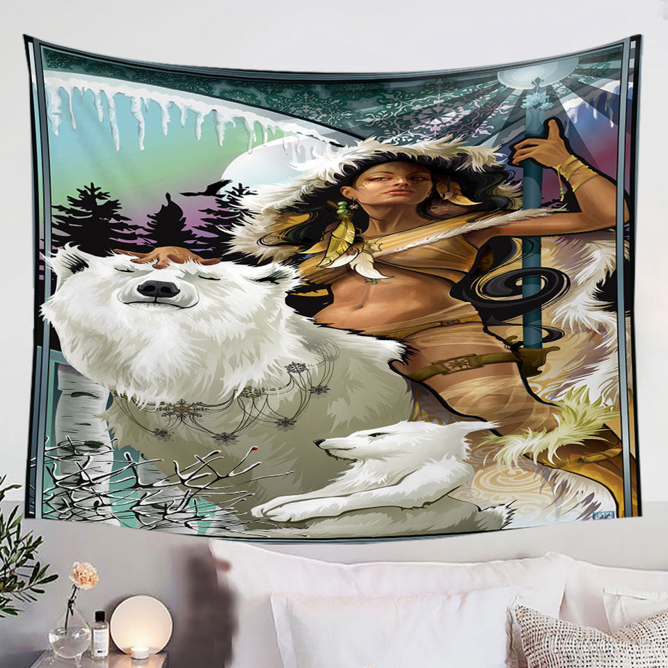 Attractive-Hunter-Lady-with-Her-Bears-Tapestry