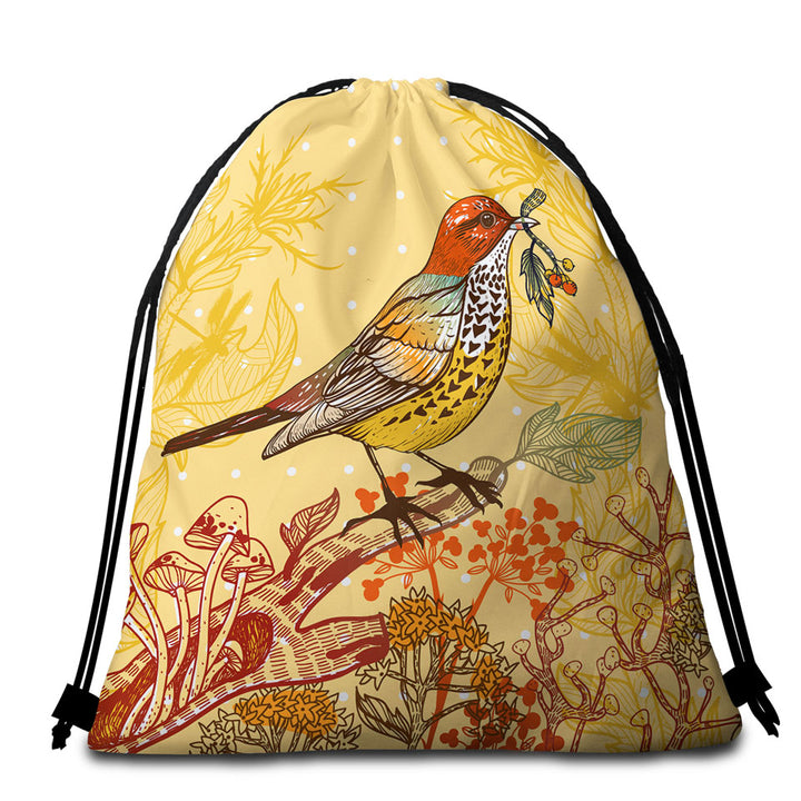 Autumn Colored Packable Beach Towel with Bird Print