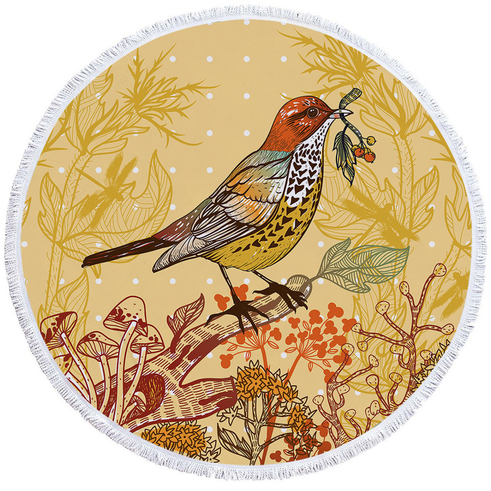 Autumn Colored Round Beach Towel with Bird