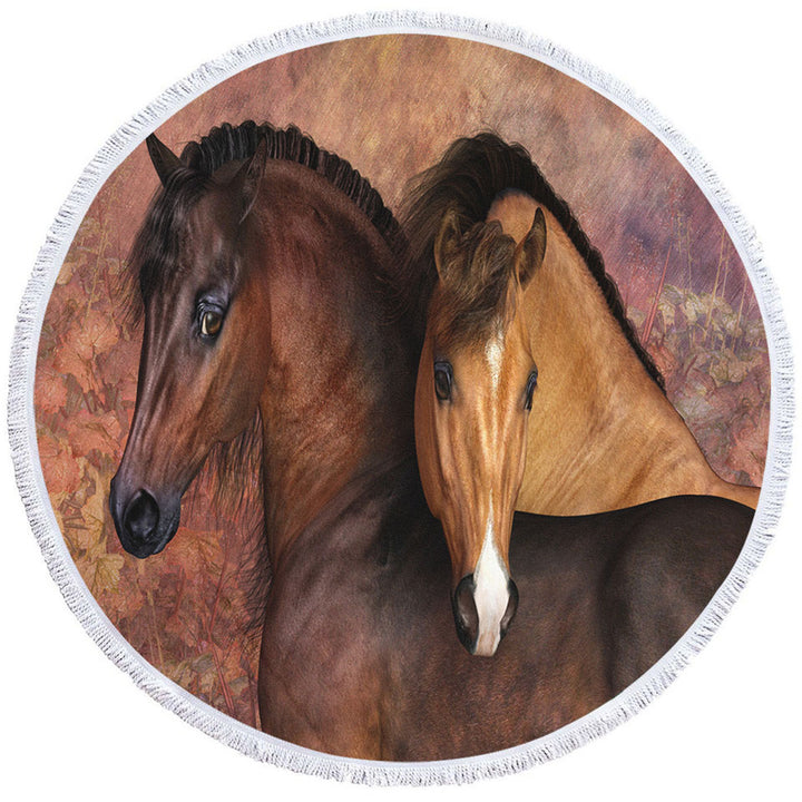 Autumn Colors Round Beach Towels Two Cute Horses Art