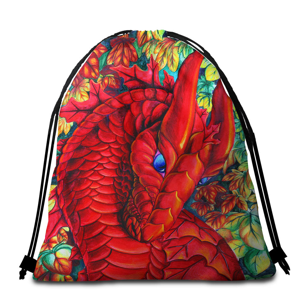 Autumn Leaves and Red Dragon Cool Beach Towel Bags