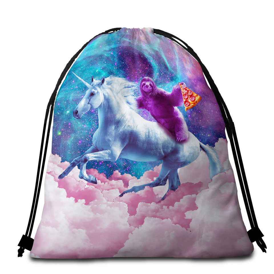 Awesome Beach Towel Bags Crazy Art Space Pizza Sloth on Unicorn