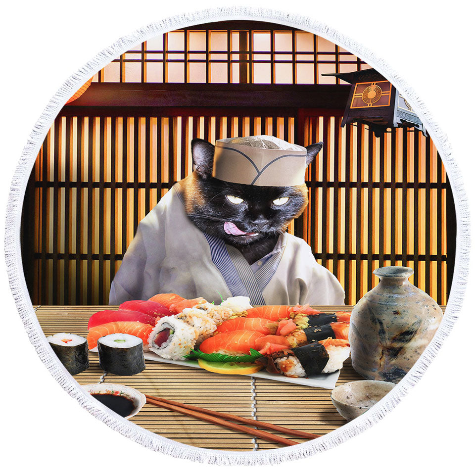Awesome Beach Towels Cool Art Funny Japanese Sushi Chef Cat
