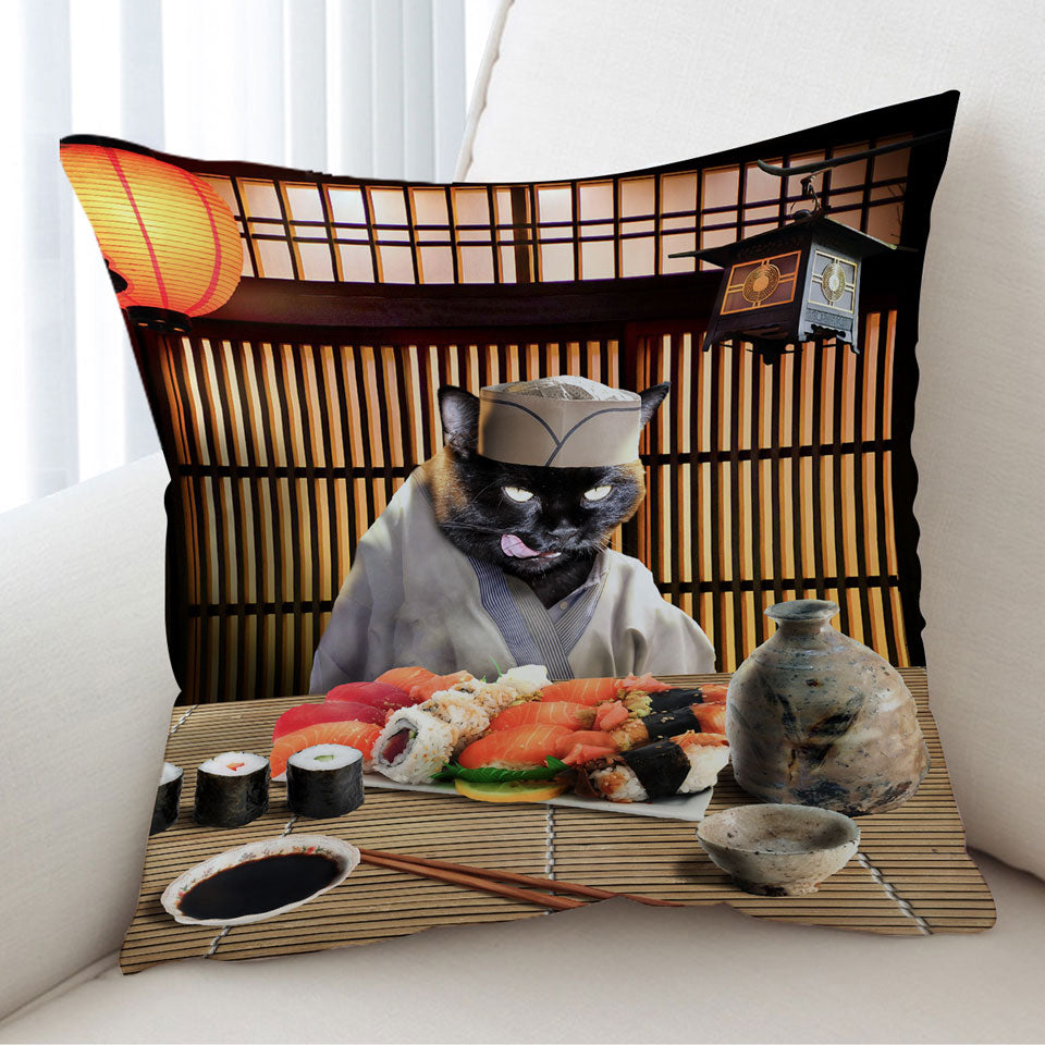 Awesome Decorative Cushions Cool Art Funny Japanese Sushi Chef Cat