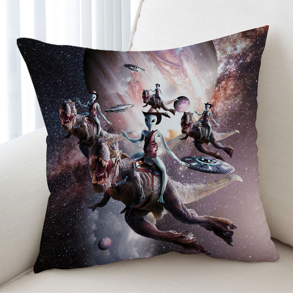 Awesome Decorative Pillows with Cool Art Alien Riding Dinosaur in Space