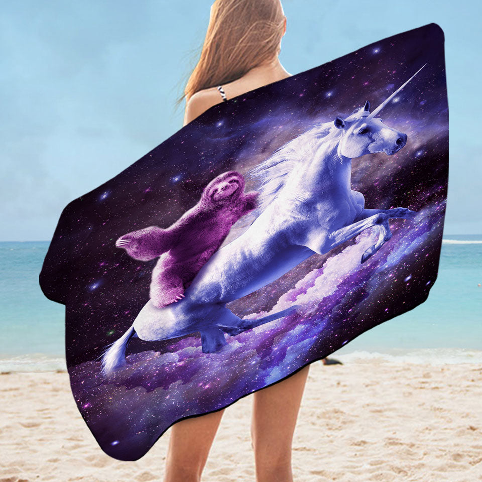 Awesome Funny Space Microfibre Beach Towels with Sloth Riding Unicorn