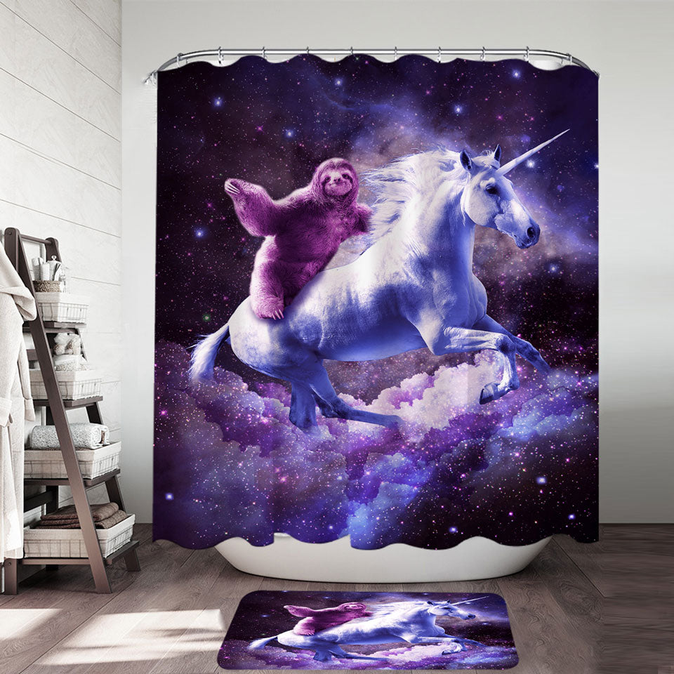 Awesome Funny Space Shower Curtains with Sloth Riding Unicorn