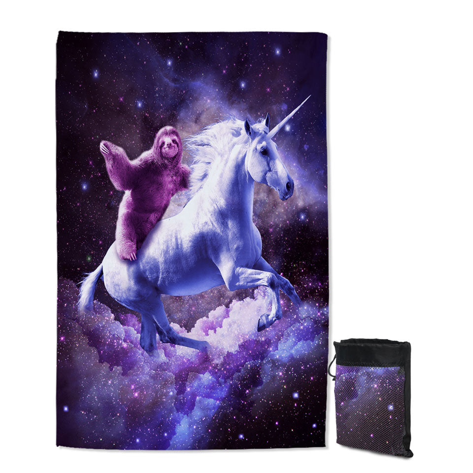 Awesome Funny Space Thin Beach Towels with Sloth Riding Unicorn