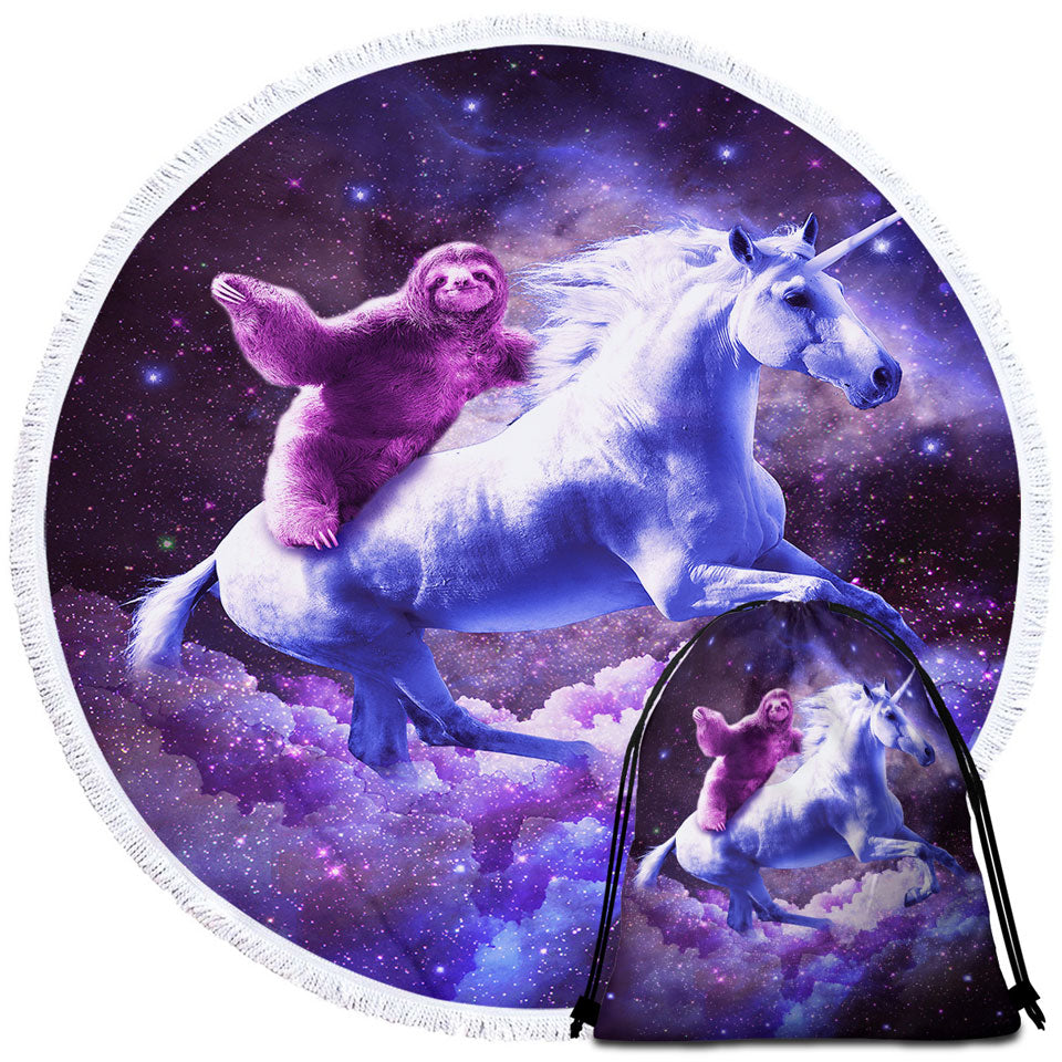 Awesome Funny Space Travel Beach Towel with Sloth Riding Unicorn