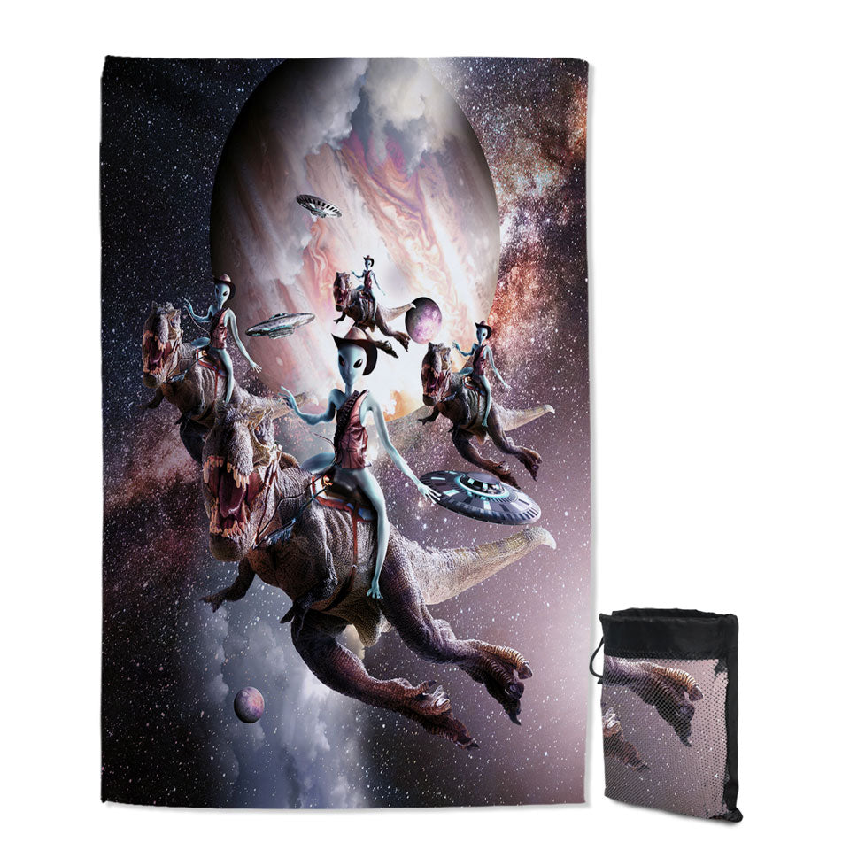Awesome Giant Beach Towel with Cool Art Alien Riding Dinosaur in Space