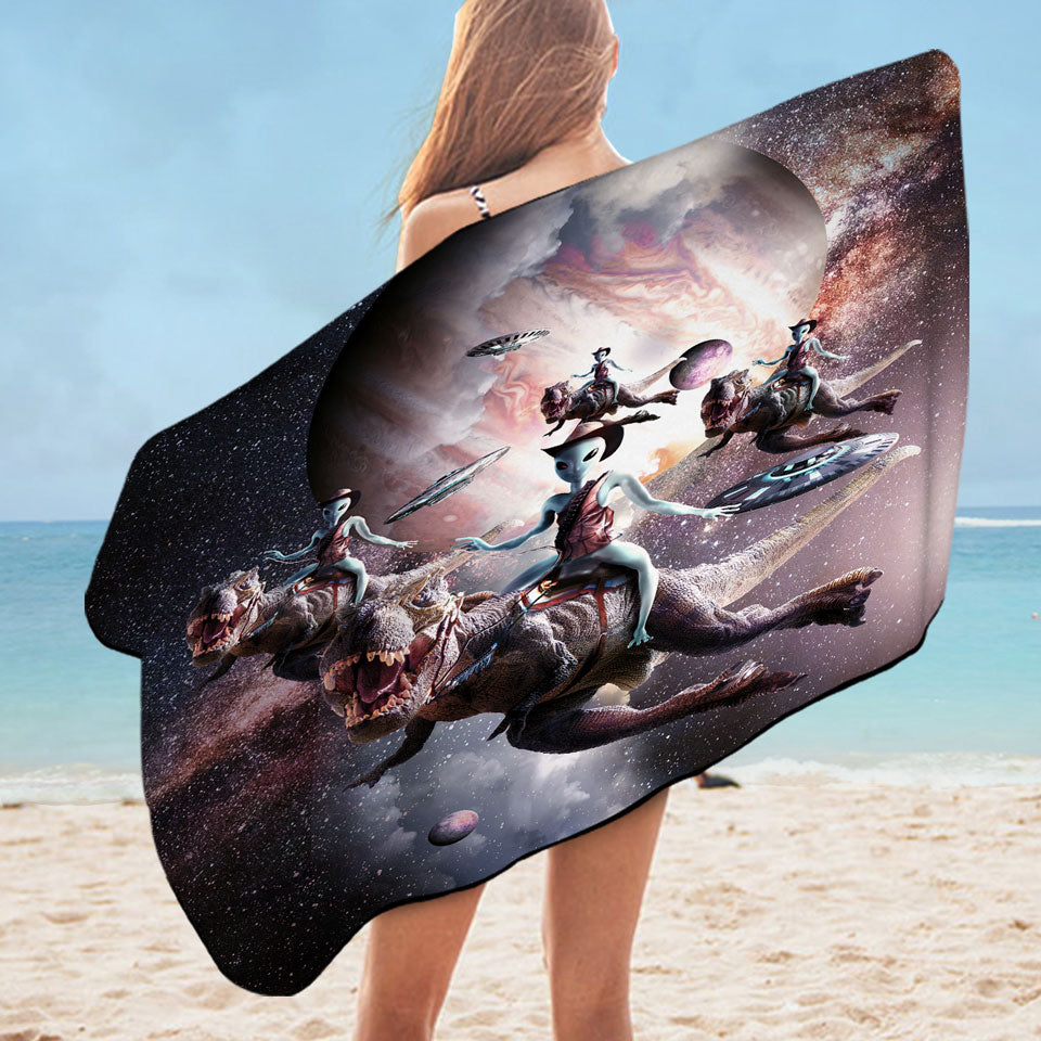 Awesome Microfiber Beach Towel with Cool Art Alien Riding Dinosaur in Space