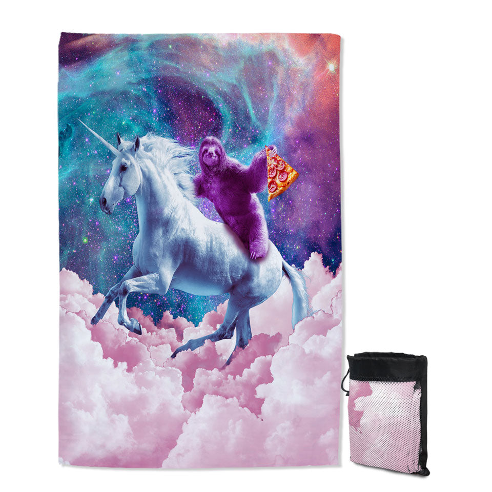 Awesome Quick Dry Beach Towel Crazy Art Space Pizza Sloth on Unicorn