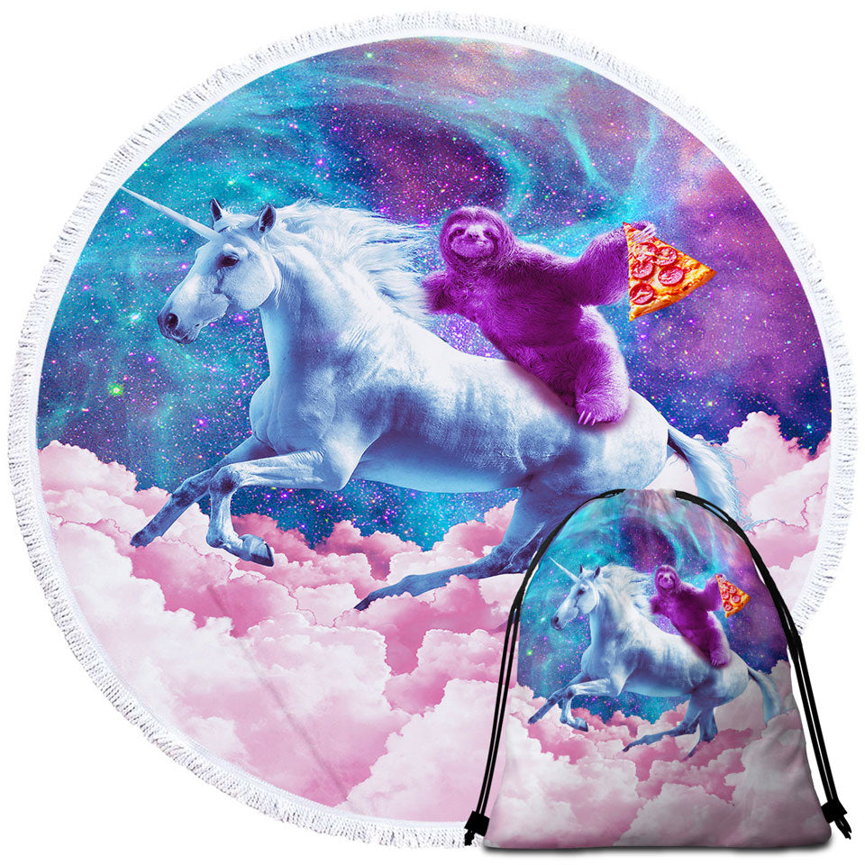 Awesome Round Beach Towel Crazy Art Space Pizza Sloth on Unicorn