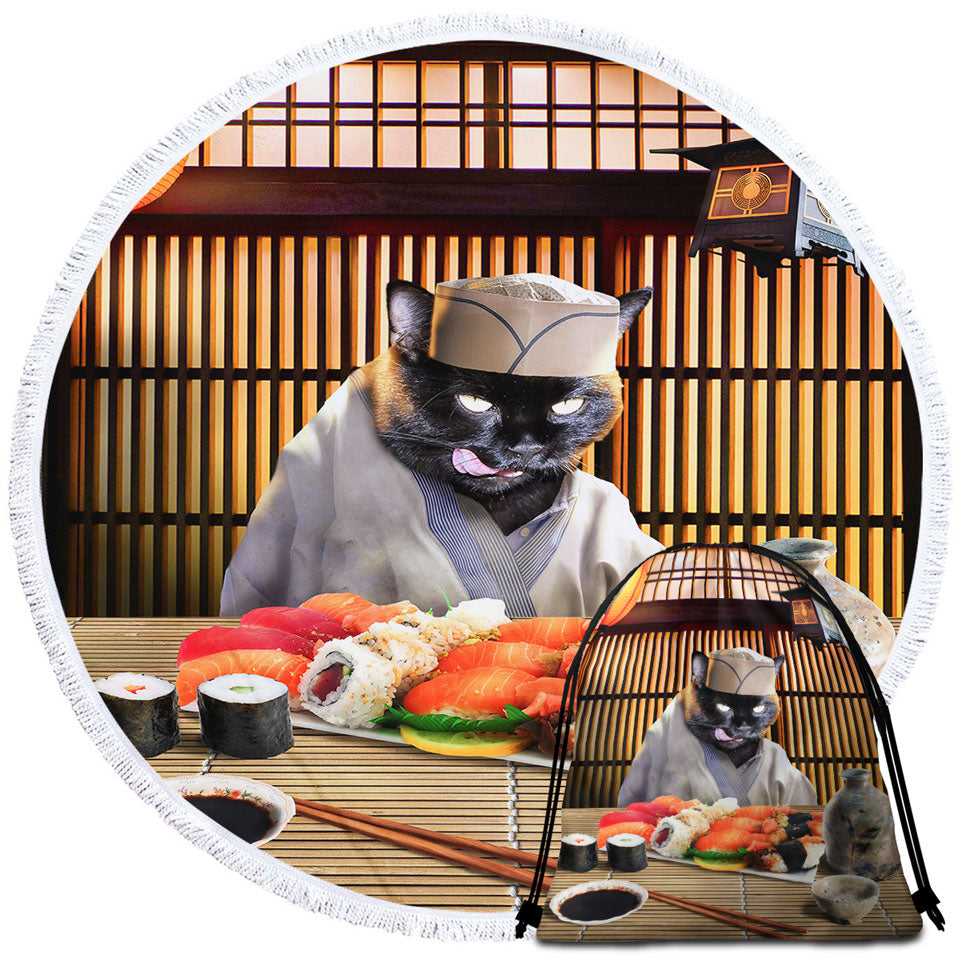 Awesome Round Towel Cool Art Funny Japanese Sushi Chef Cat