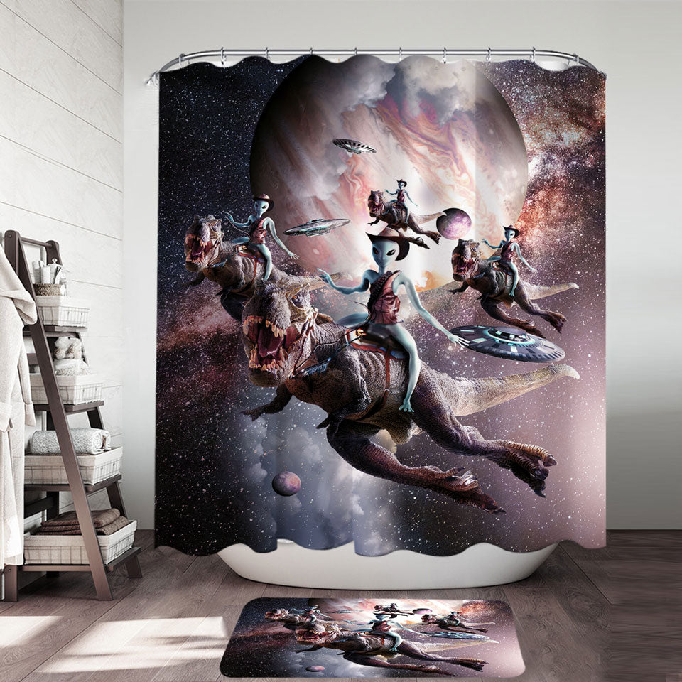 Awesome Shower Curtain with Cool Art Alien Riding Dinosaur in Space