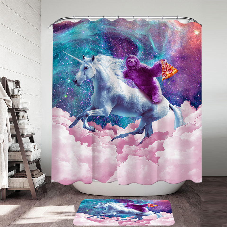 Awesome Shower Curtains Crazy Art Space Pizza Sloth on Unicorn