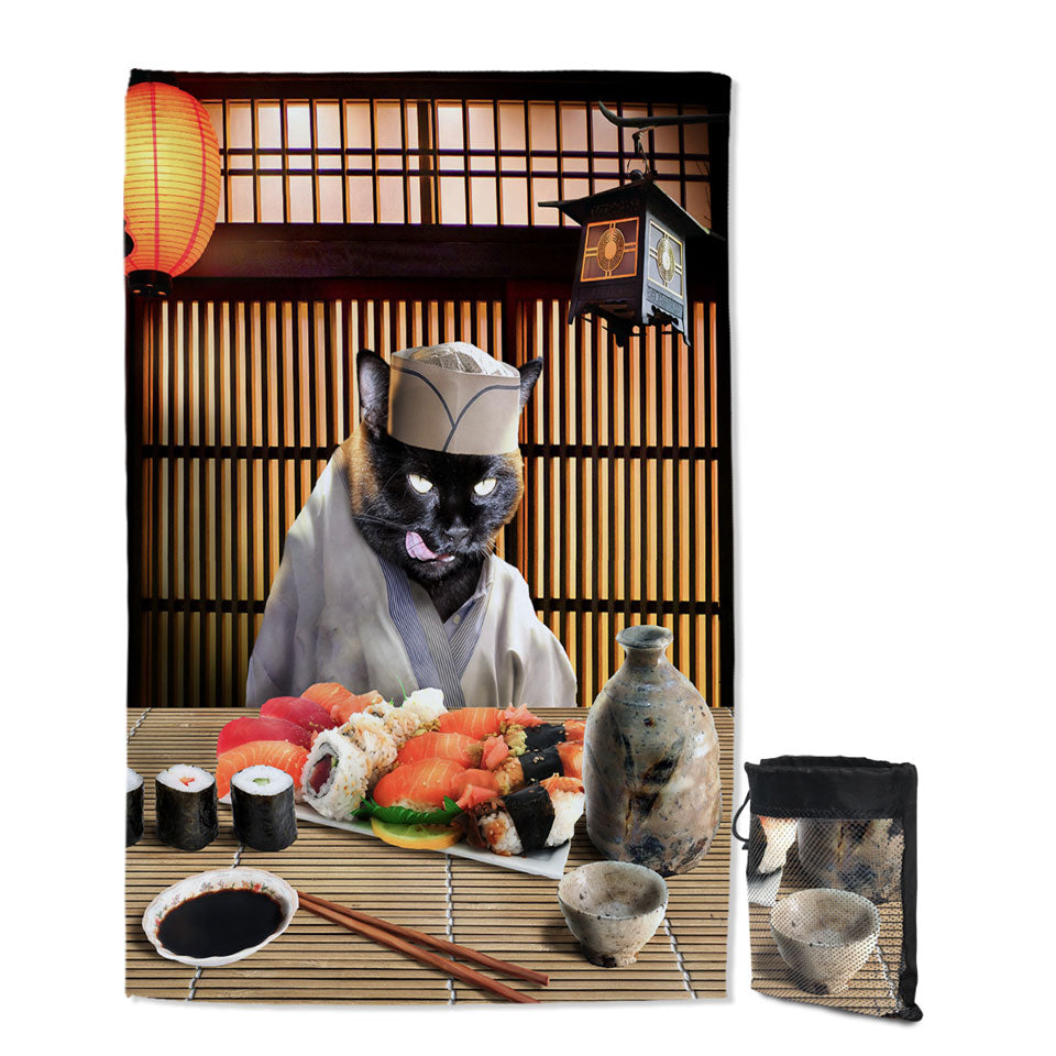 Awesome Travel Beach Towel Cool Art Funny Japanese Sushi Chef Cat