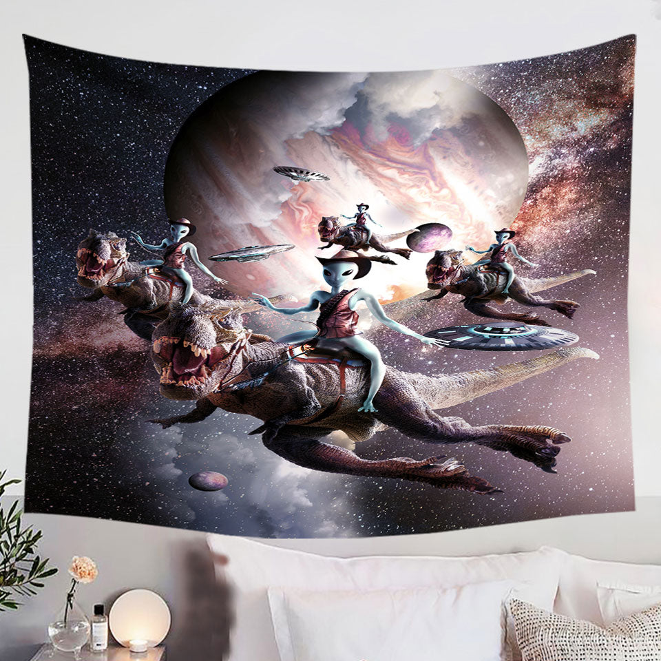 Awesome-Wall-Decor-Tapestry-with-Cool-Art-Alien-Riding-Dinosaur-in-Space