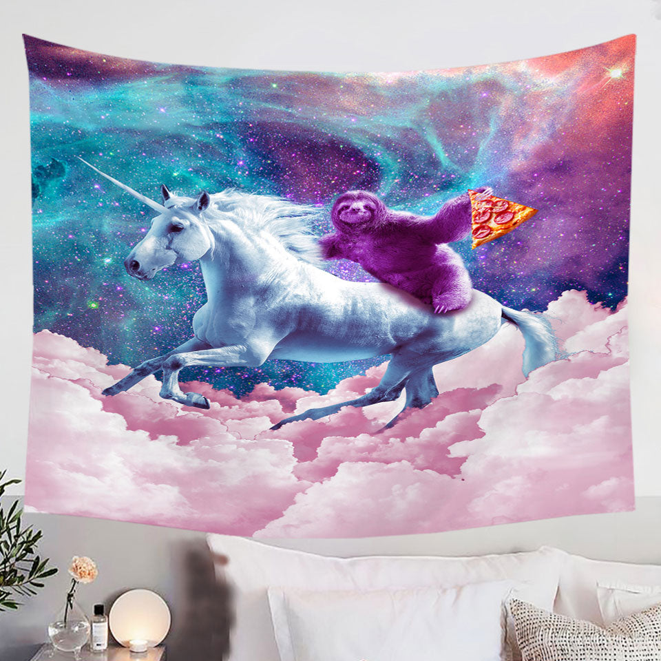 Awesome-Wall-Tapestry-Crazy-Art-Space-Pizza-Sloth-on-Unicorn
