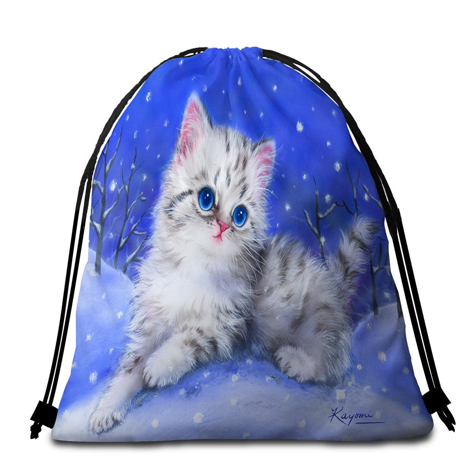 Baby Beach Bags and Towels Blue Eyes Grey Kitten on Snow Hill