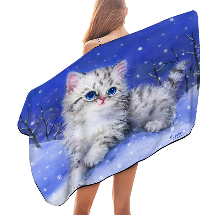 Baby Beach Towels Blue Eyes Grey Kitten on Snow Hill