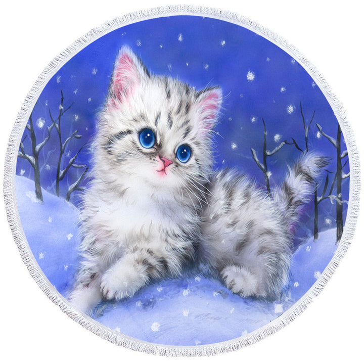 Baby Microfiber Beach Towel Blue Eyes Grey Kitten on Snow Hill