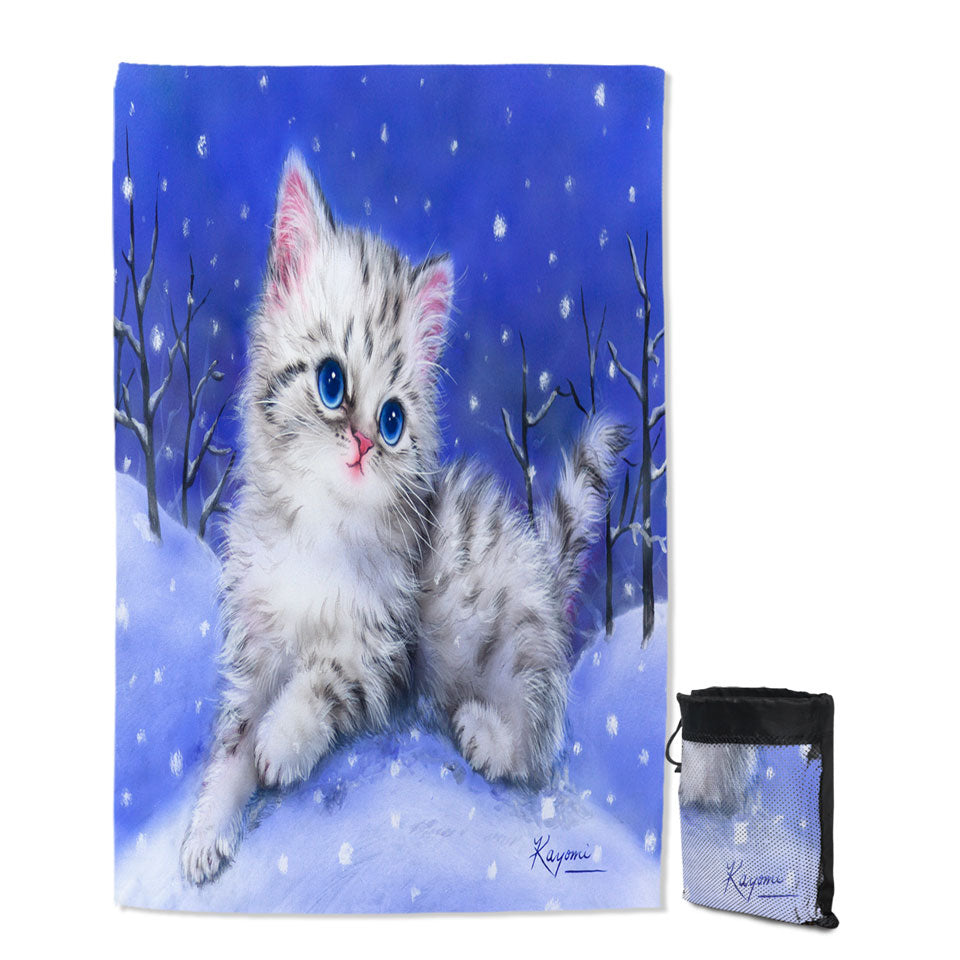 Baby Quick Dry Beach Towel Blue Eyes Grey Kitten on Snow Hill