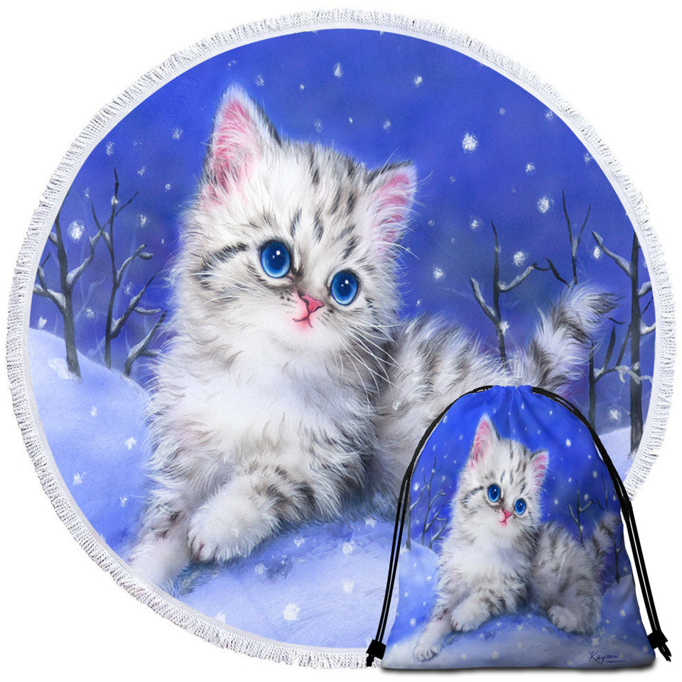 Baby Round Beach Towel Blue Eyes Grey Kitten on Snow Hill
