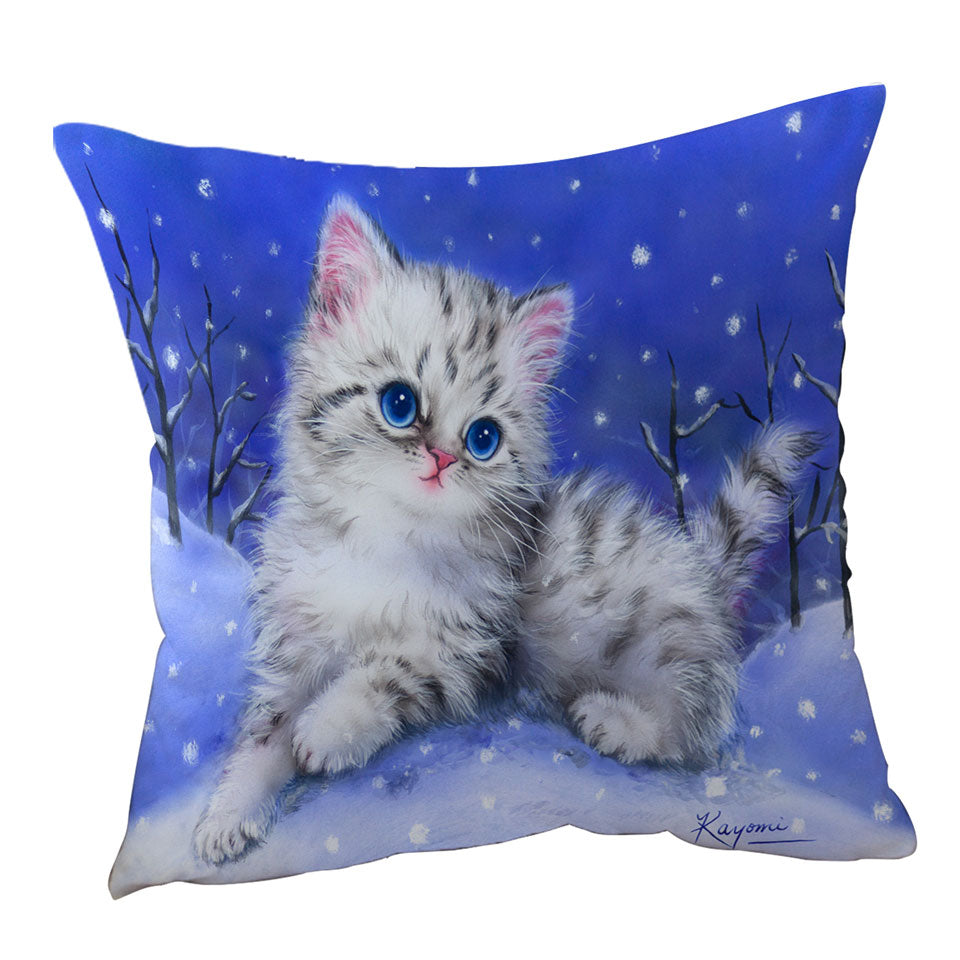 Baby Throw Pillows Blue Eyes Grey Kitten on Snow Hill