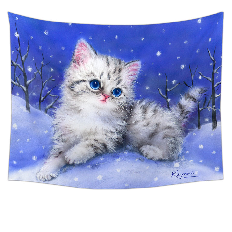 Baby Wall Decor Tapestries Blue Eyes Grey Kitten on Snow Hill