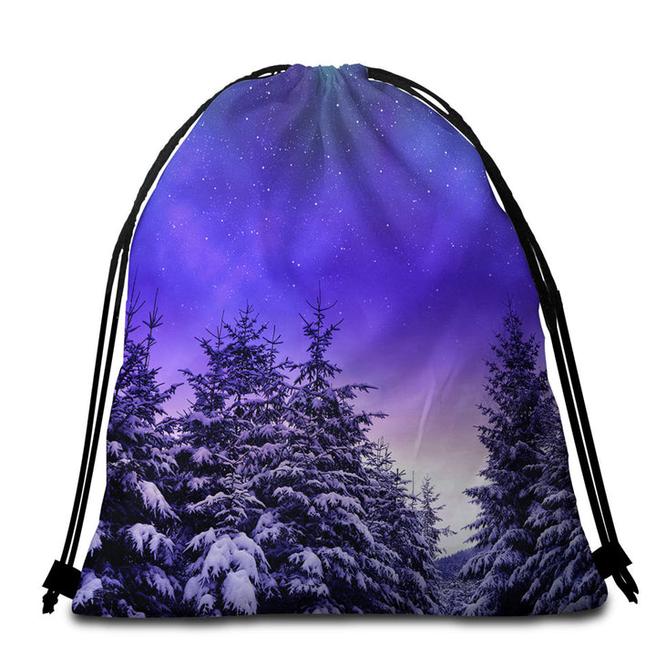 Beach Bags and Towels Feature Bright Winter Night in the Snowy Forest