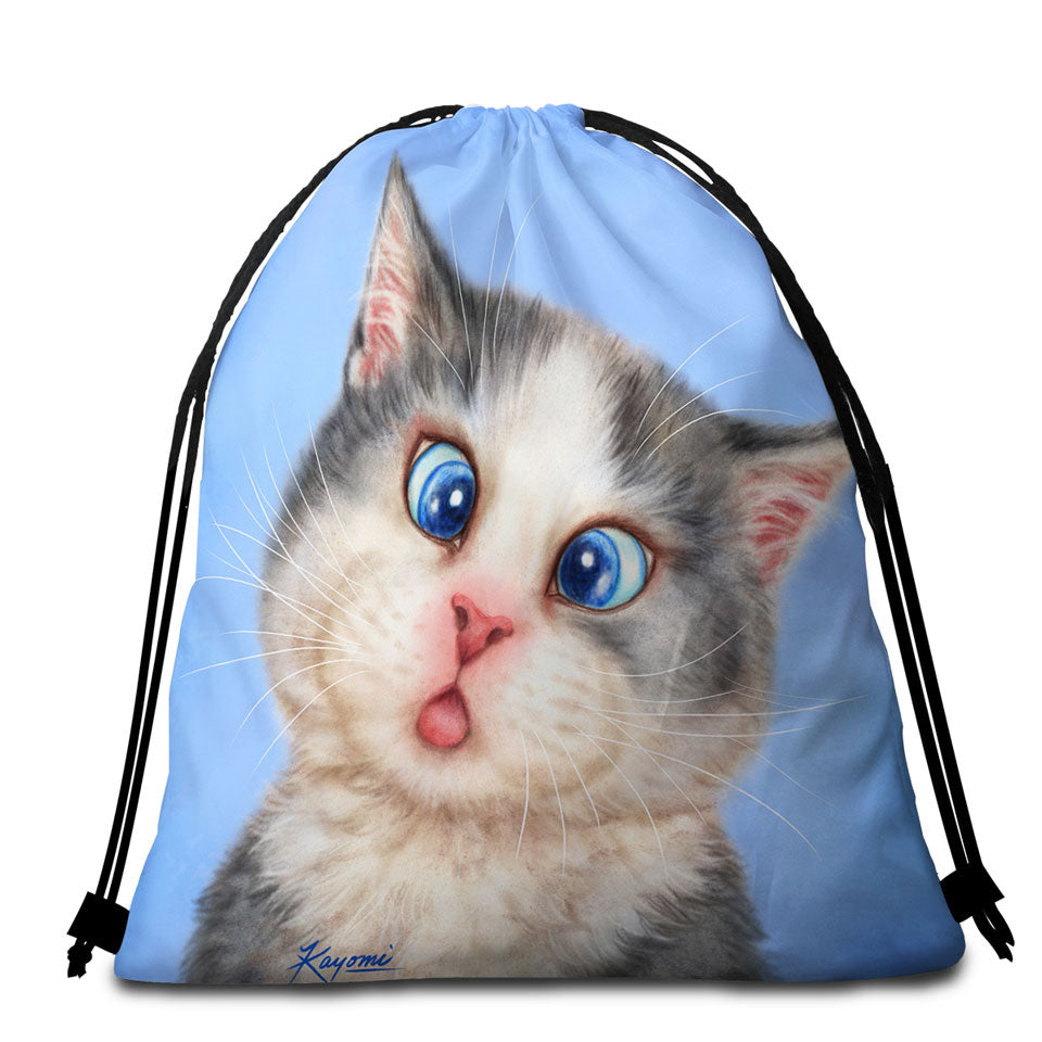 Beach Bags and Towels Features Cats Funny Faces Drawings Blue Eyes Grey Kitten