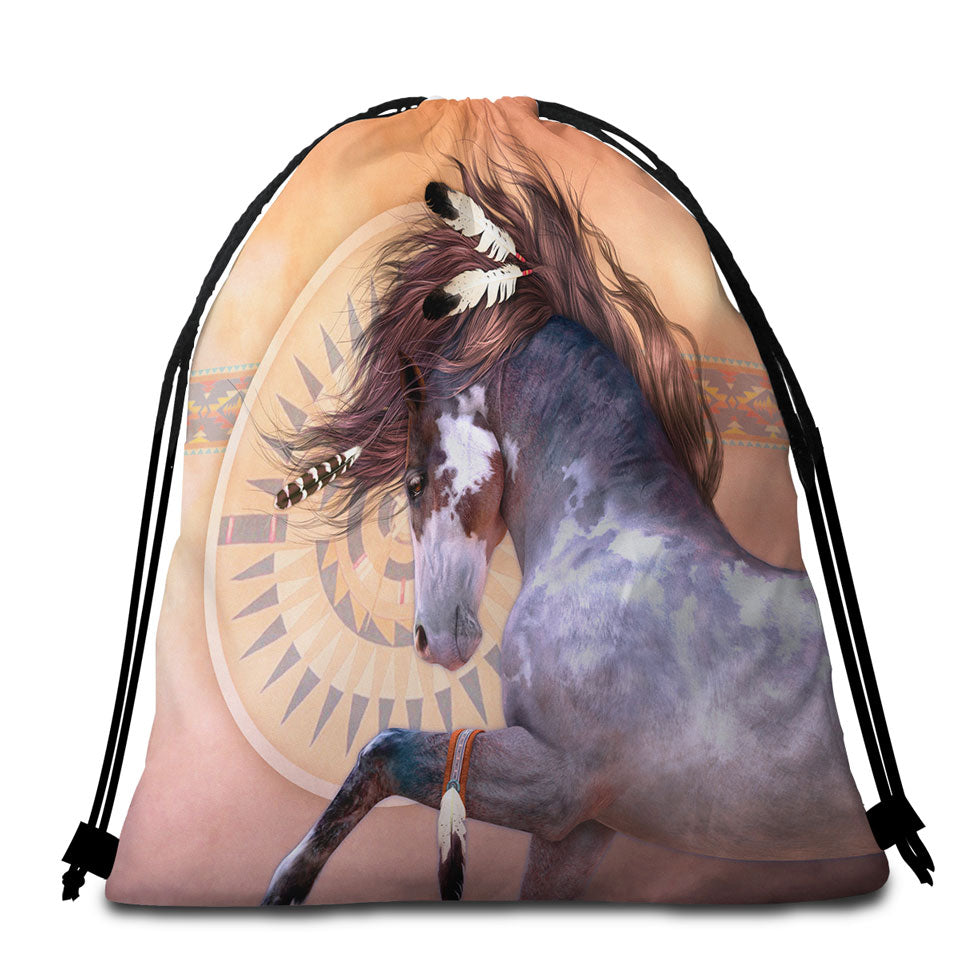 Beach Bags and Towels Native American Spirit White Black Pinto Horse