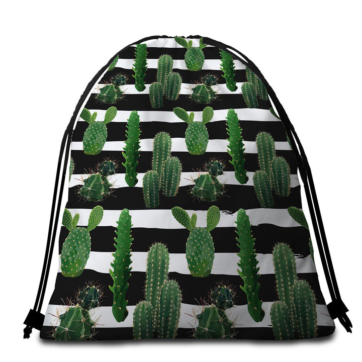 Beach Bags and Towels with Cactus over Black and White Stripes