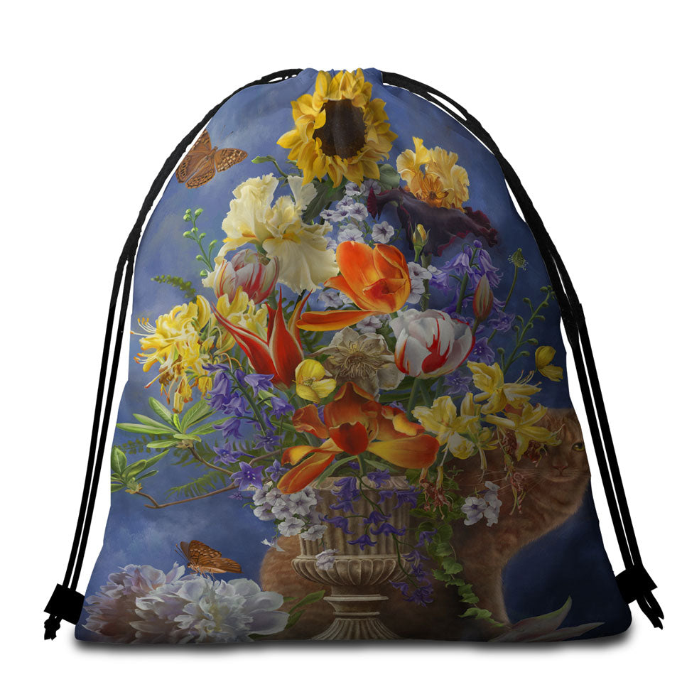 Beach Bags and Towels with Cats Art Colorful Flower Bouquet and Cat