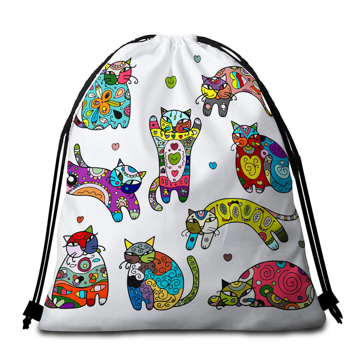 Beach Bags and Towels with Multi Colored Oriental Patterns Cats