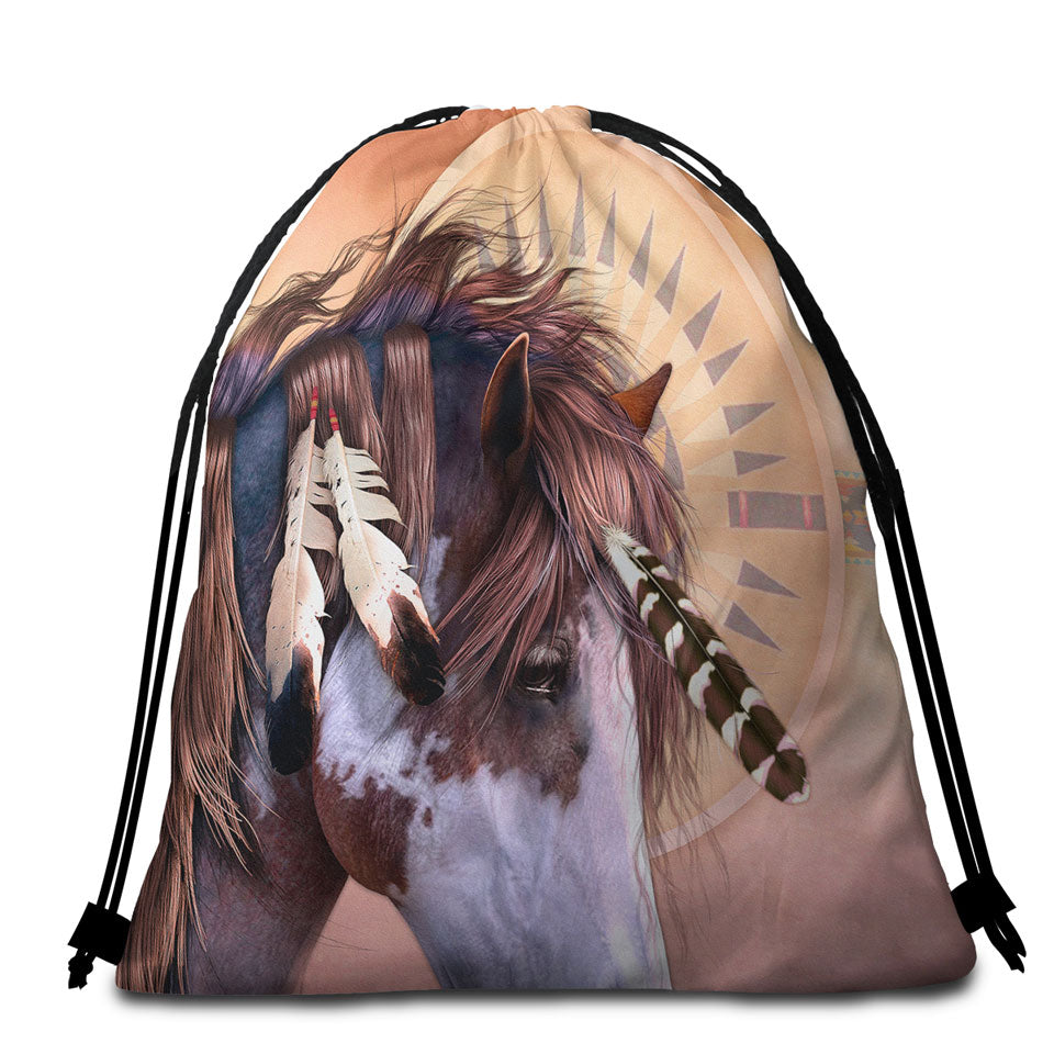 Beach Bags and Towels with Native American Spirit Feathers Haired Horse