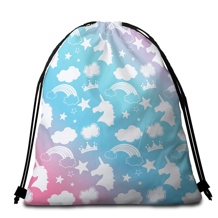 Beach Bags and Towels with White Silhouettes Clouds and Unicorns