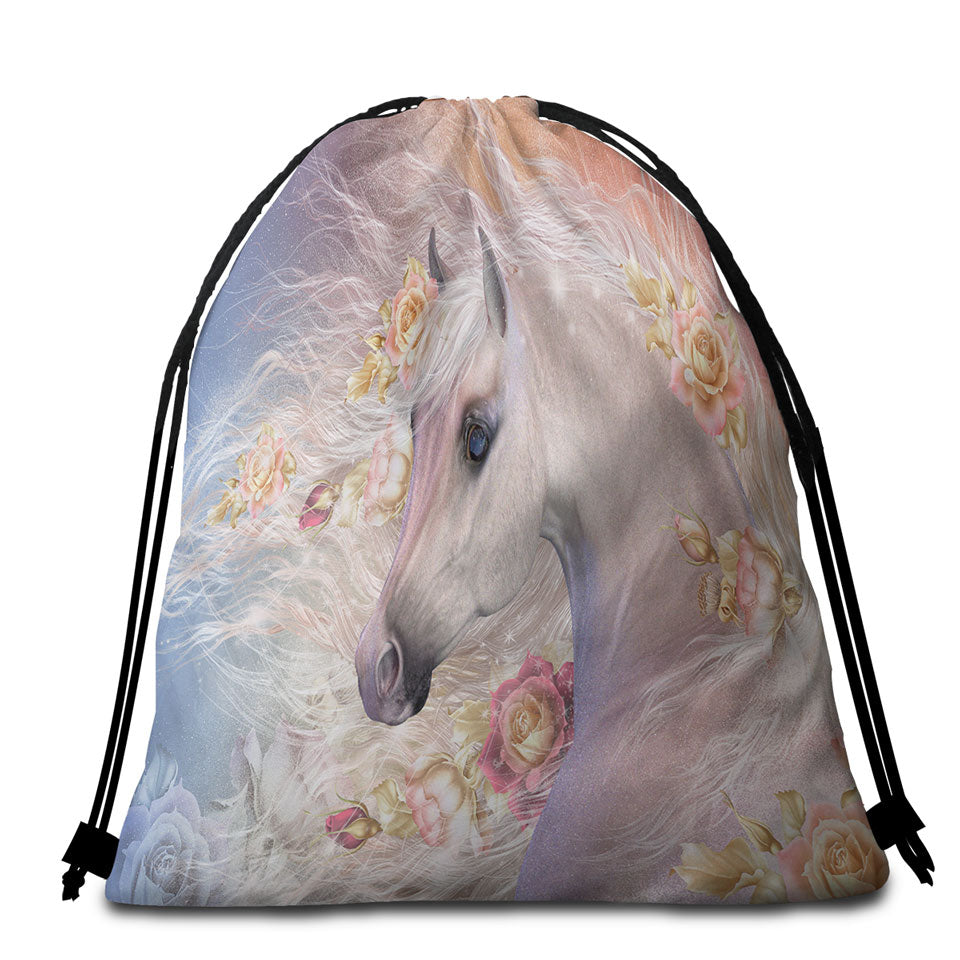 Beach Bags and Towels with Winter Rose Roses and White Horse