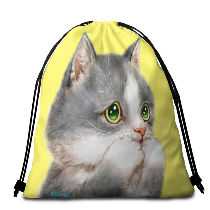 Beach Bags for Towels with Cat Prints Adorable Grey Kitten over Yellow