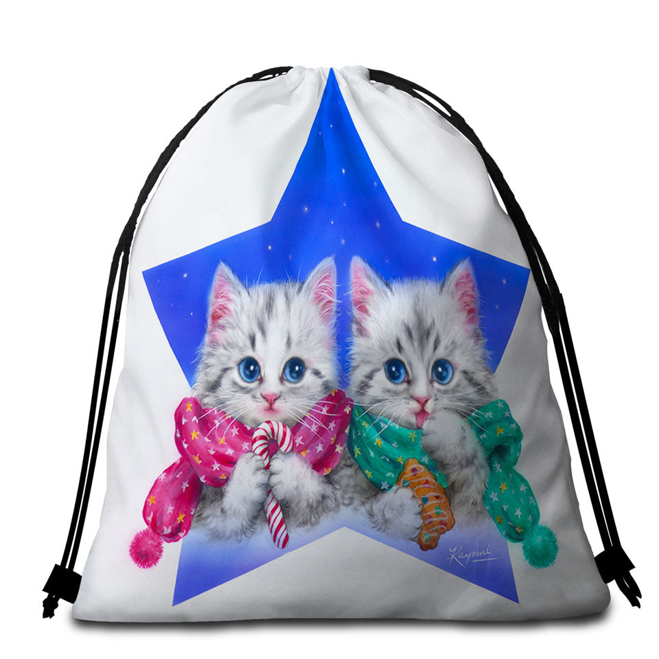 Beach Towel Bags Christmas Star with Two Cute Grey Kittens