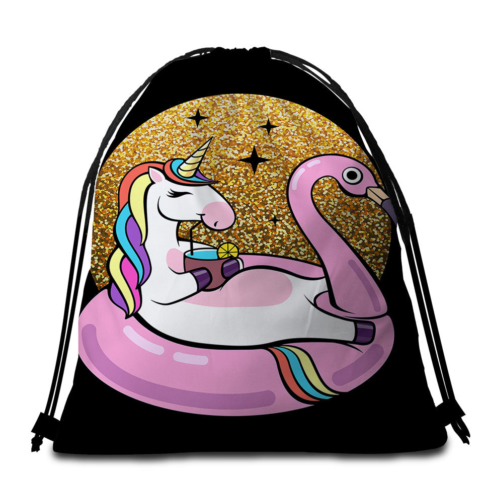 Beach Towel Bags of Cool Unicorn Chilling on Flamingo Float