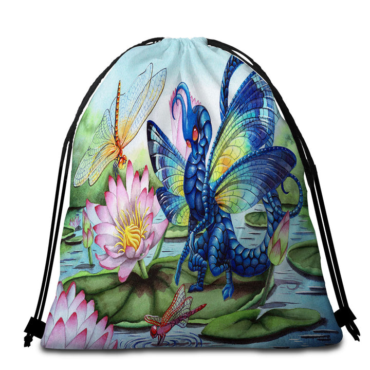 Beach Towel Bags of Giant Water Lilies Dragonflies and Dragon