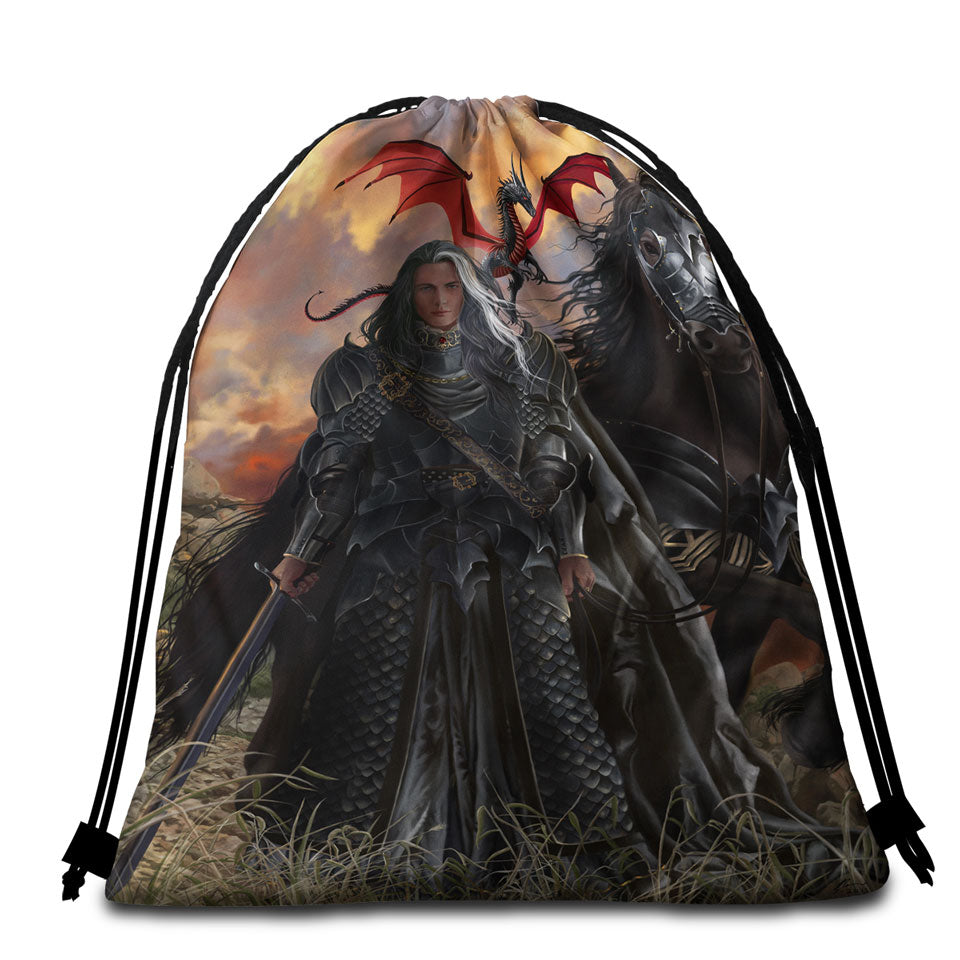 Beach Towel Bags with Black Knight with His Horse and Dragon