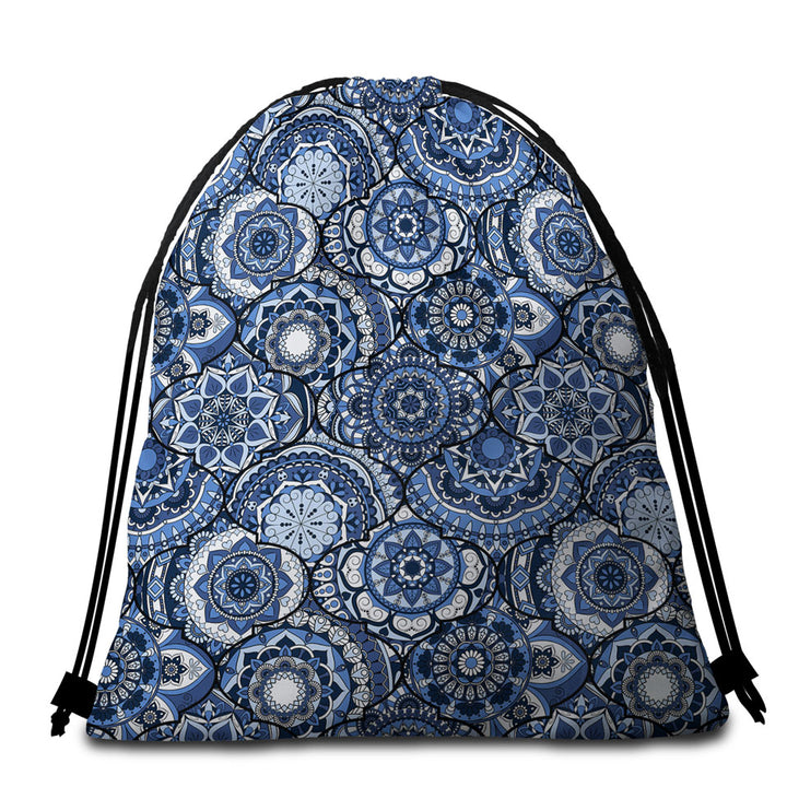 Beach Towel Bags with Blue Oriental Mandalas
