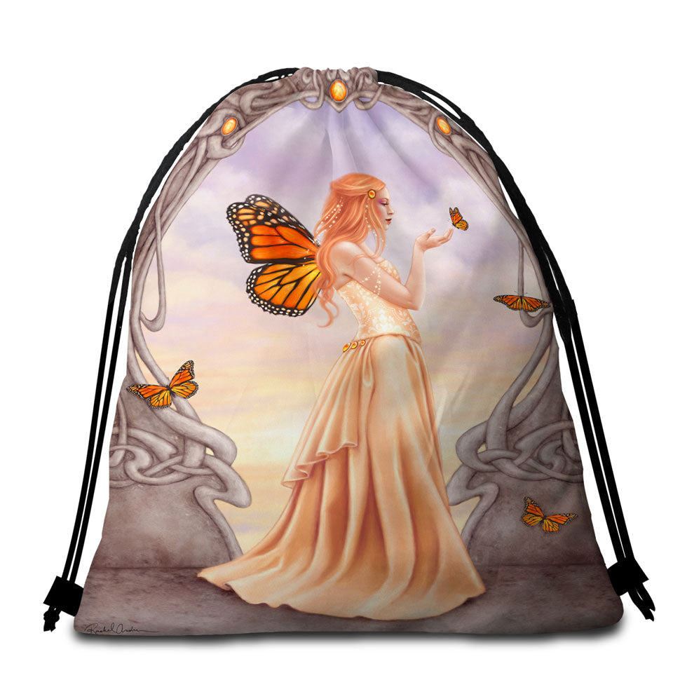 Beach Towel Bags with Butterflies and Peach Citrine Butterfly Girl